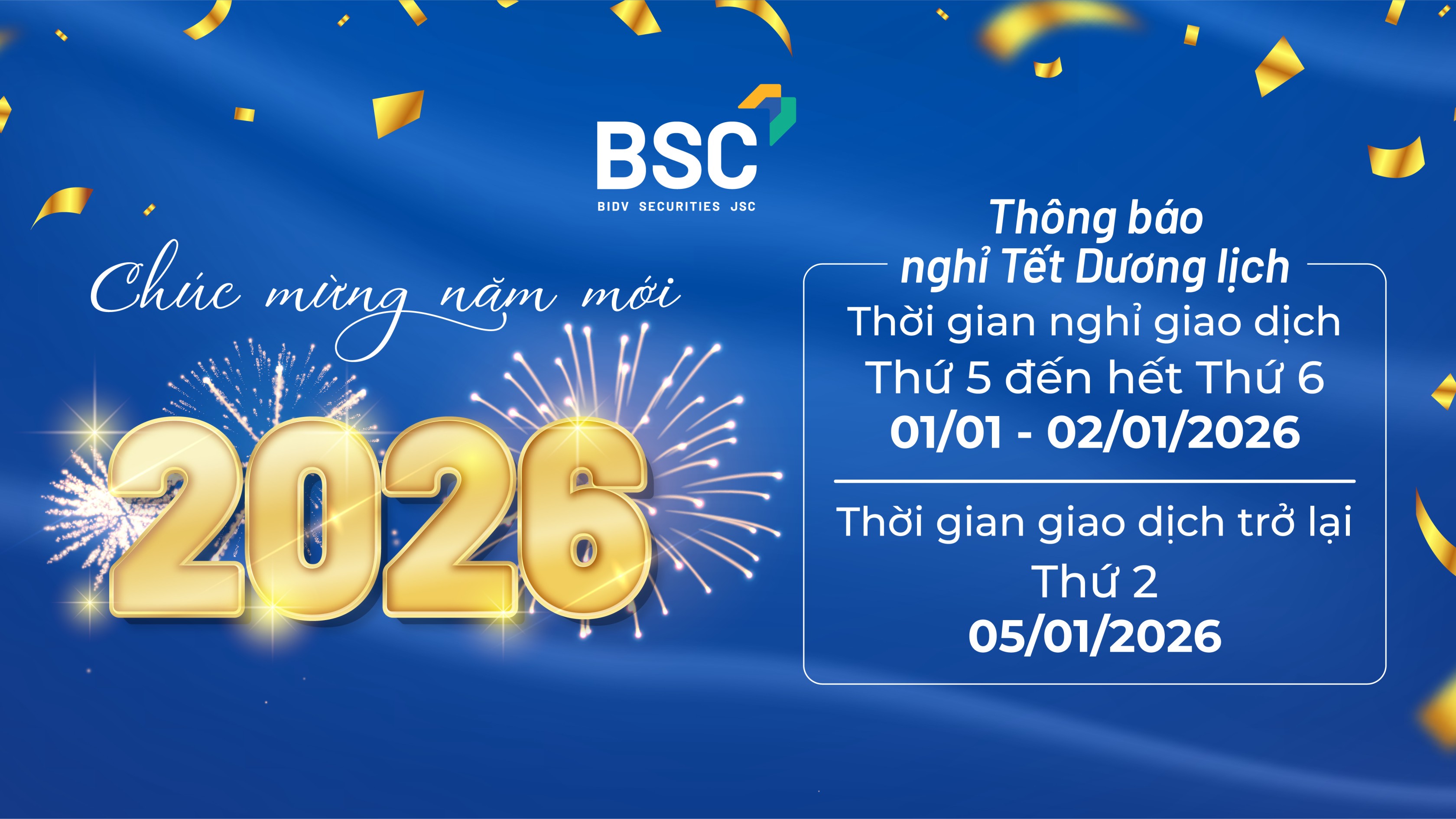 BSC chúc mừng năm mới và thông báo lịch nghỉ Tết Dương lịch 2026