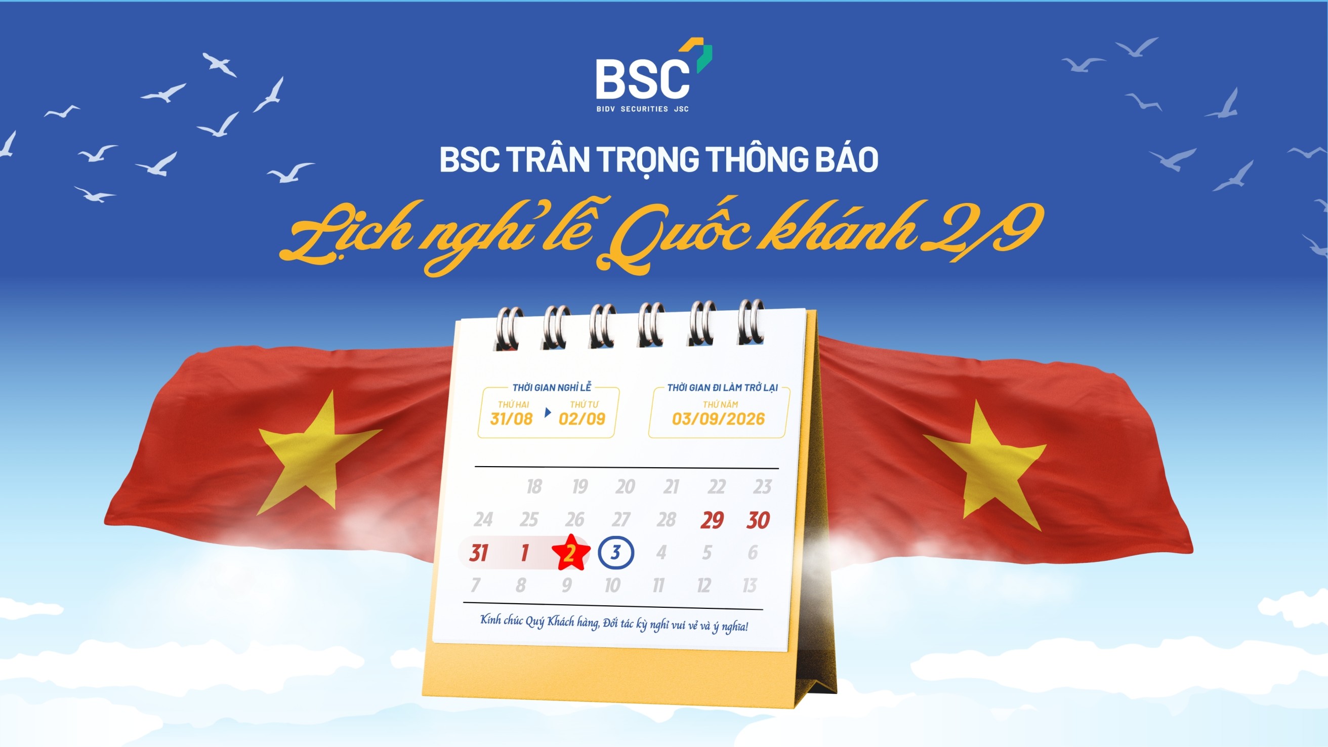 BSC thông báo Lịch nghỉ lễ Quốc khánh 2/9/2026