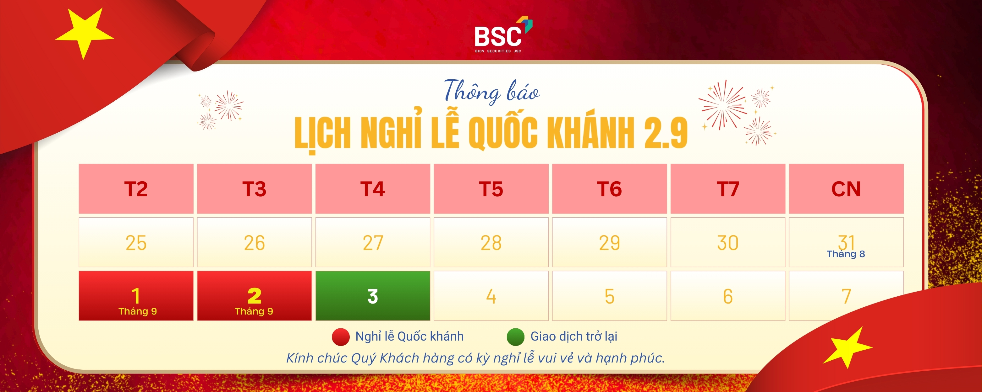 BSC chào mừng Quốc khánh 2/9 và Thông báo lịch nghỉ lễ