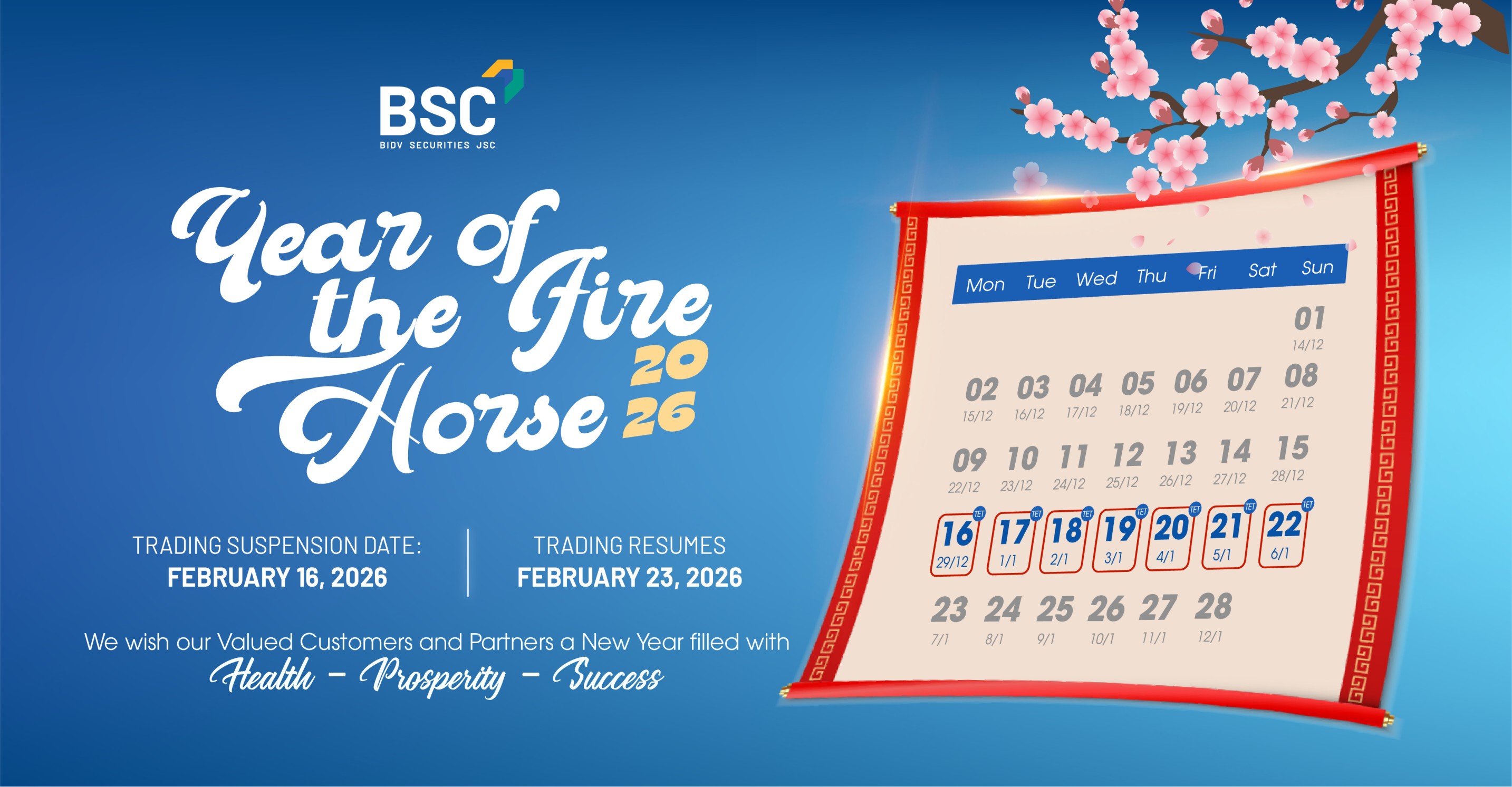 BSC announces Lunar New Year Holiday schedule 2026 