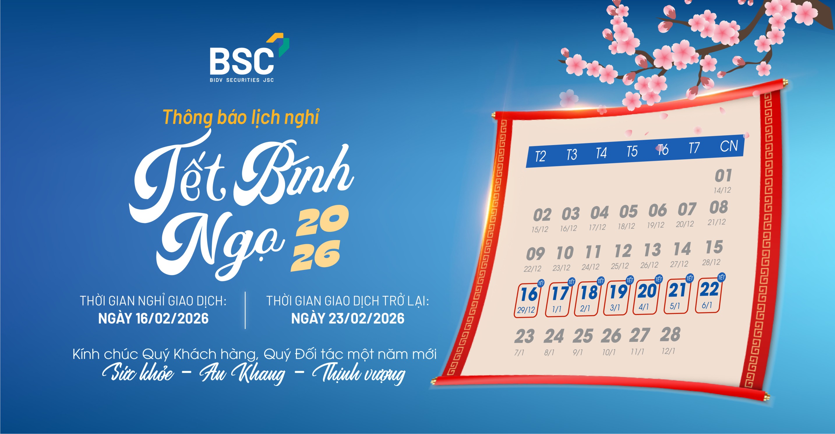 BSC thông báo Lịch nghỉ Tết Nguyên đán 2026 