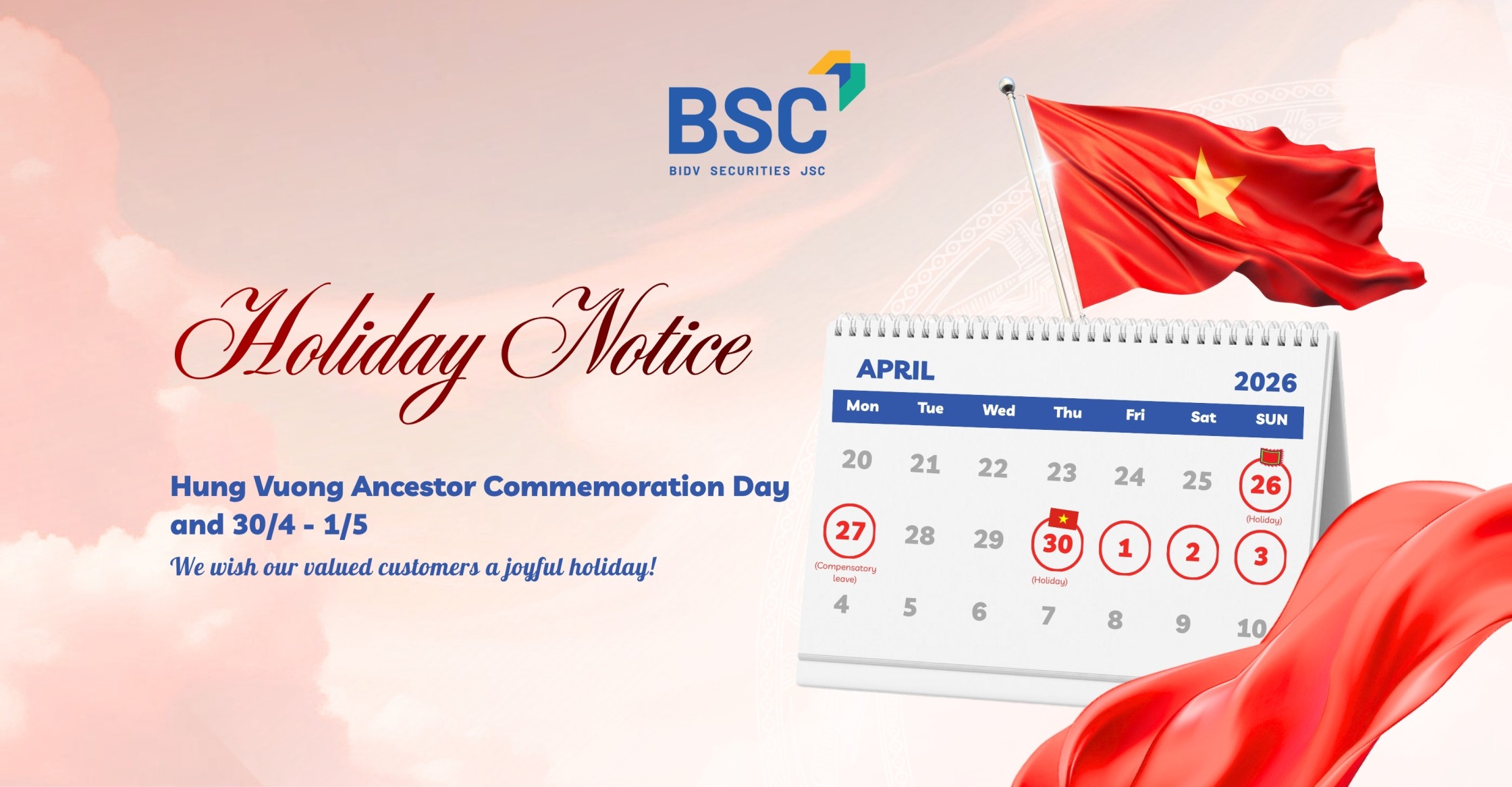 BSC Announces Holiday Schedule for Hung Kings’ Commemoration Day and Reunification Day (April 30) - International Workers’ Day (May 1), 2026